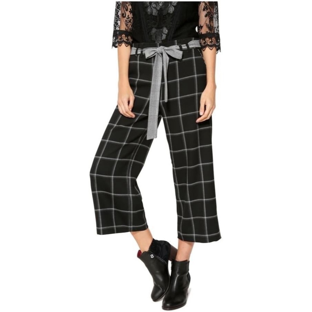 Desigual Flora Wide Leg Cropped Trousers in Black/Grey Check Size EU 42/US 10